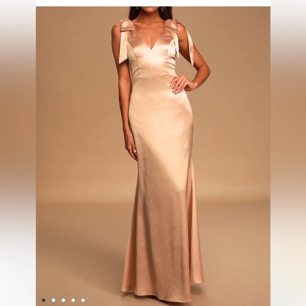 Lulus Shining Glory Champagne Satin Tie-Strap Maxi Dress NYE